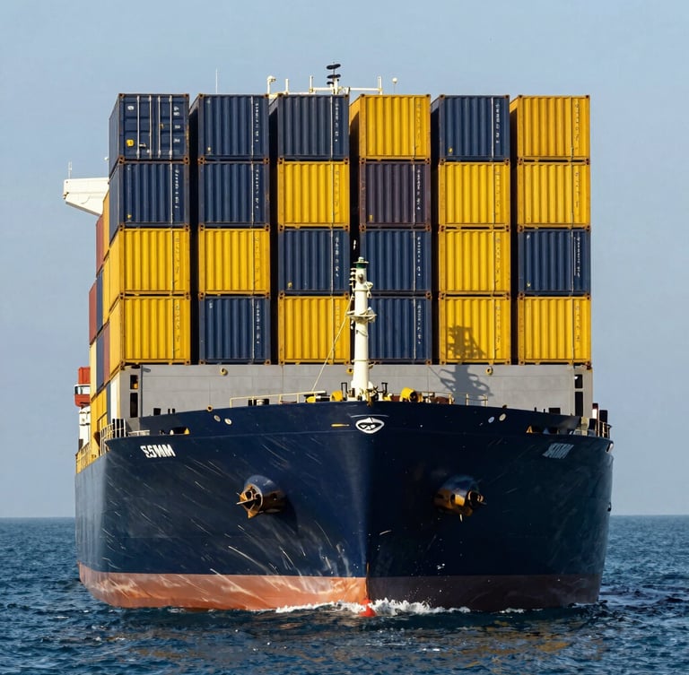 Sharp vertical portrait of a heavy-duty container ship stacked with black and yellow cargo containers, crisp morning sun casting sharp shadows, deep blue ocean water, commercial editorial, 35mm.