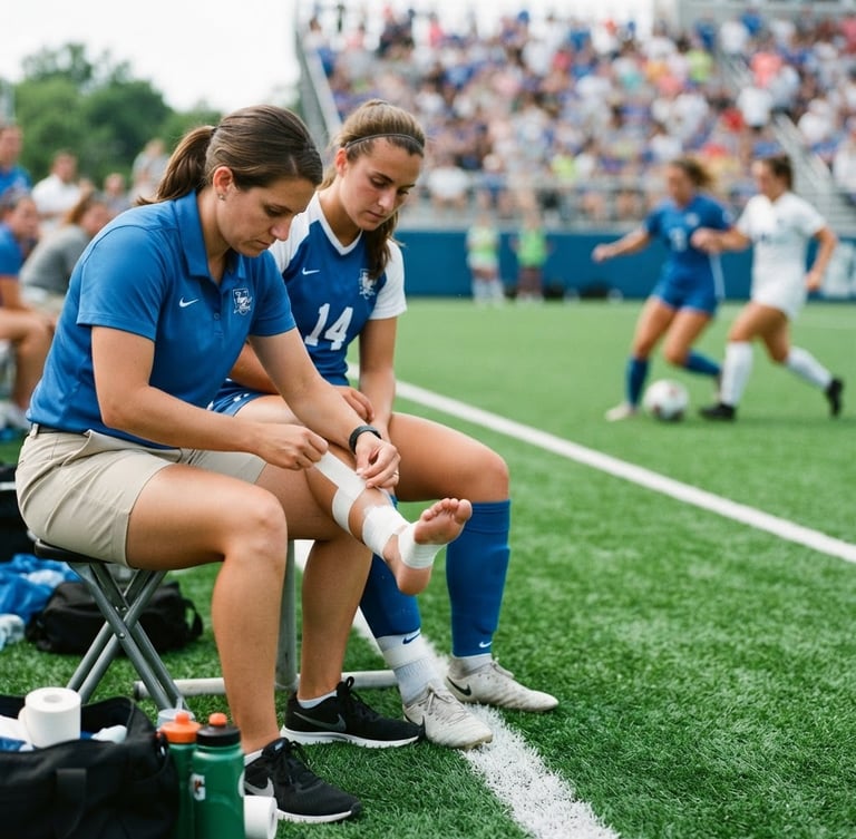 Certified athletic trainer actively taping an athlete's ankle on a bright green field during a game, focus on hands and athletic tape, crisp natural daylight, wide shot with action in right third, spectator blur in background.