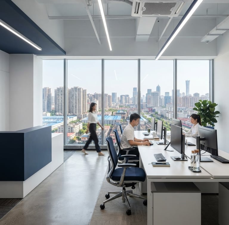 A clean, modern corporate office interior in Yiwu, with large windows overlooking the city, bright even studio lighting, cool white and navy tones, sharp focus, 50mm.