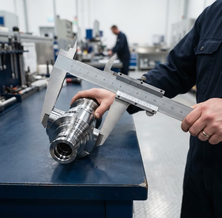 Industrial scale caliper measuring a chrome component on a clean factory floor, bright even studio lighting, sharp focus