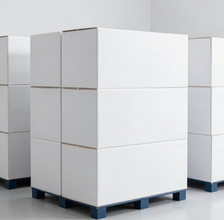 A bright, clean warehouse facility with neatly stacked cargo boxes ready for export, cool white and navy tones, straight-on framing, 50mm.