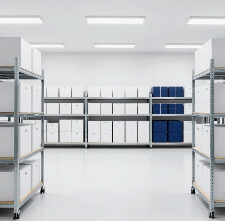 Wide-angle clean modern warehouse interior, organized metal racks with consolidated cargo boxes, bright cool studio lighting