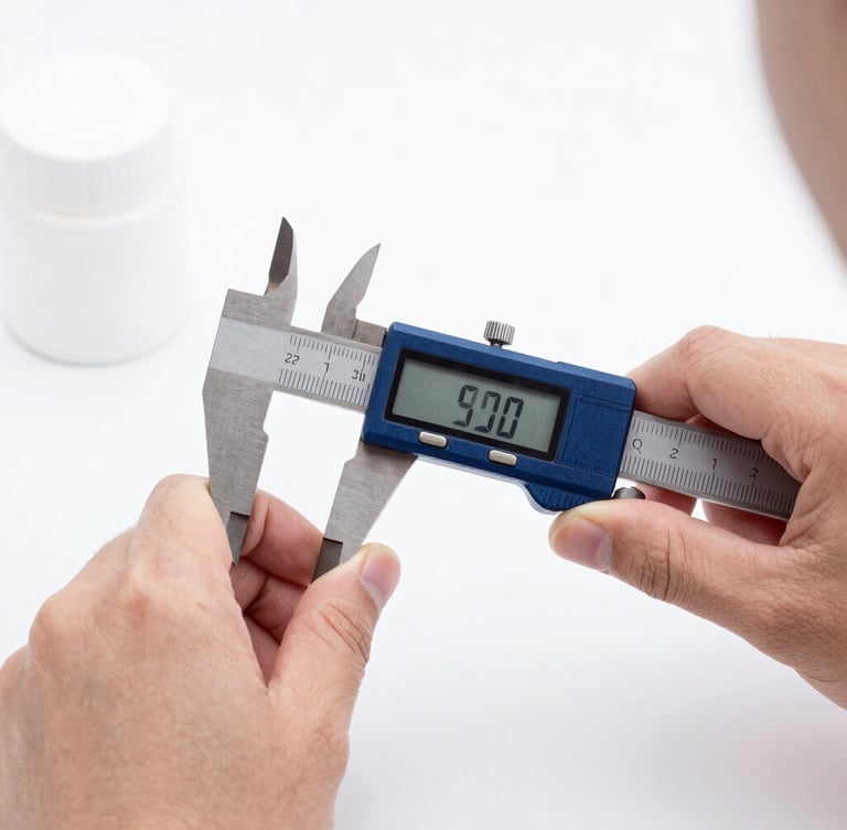 Close-up of a quality control inspector using digital calipers on a consumer product, bright even studio lighting, cool white tones, sharp focus