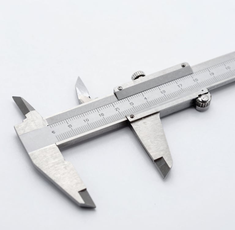 Close-up of metal calipers measuring the thickness of a stainless steel kitchen knife, bright even studio lighting, cool white tones, sharp focus, 50mm.