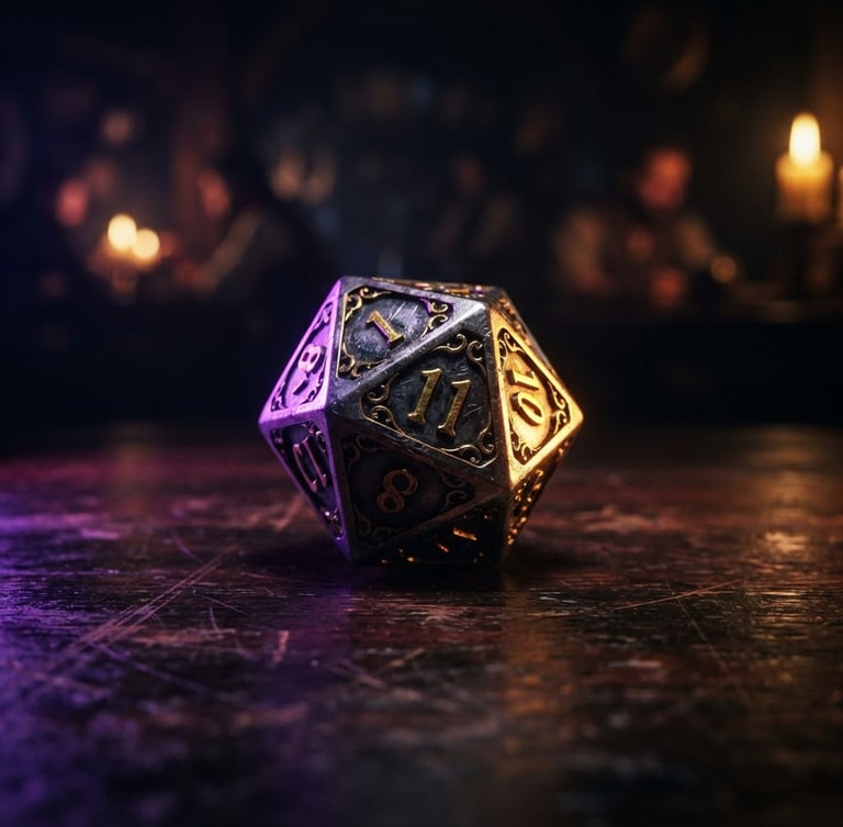 Macro close-up of heavy metal d20 dice being rolled on a dark mahogany tavern table, dramatic neon purple and gold rim lighting, shallow depth of field, moody low-key photography.