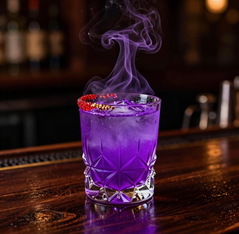 A vibrant, smoking cocktail in a crystal glass on a dark wood bar, glowing violet and crimson rim lights, moody low-key photography, shallow depth of field.