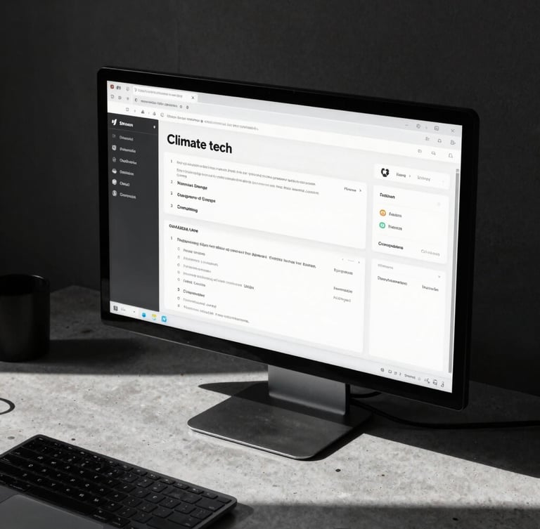 Stark editorial photography of a high-resolution screen displaying clean climate-tech interface wireframes, harsh direct sunlight casting sharp shadows across a concrete desk, 35mm.