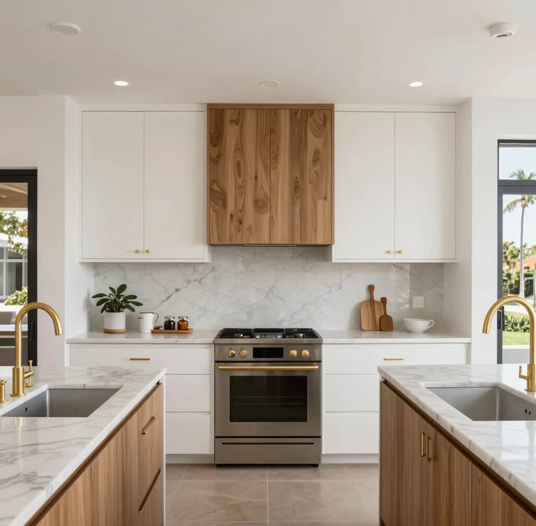 Symmetrical straight-on architectural shot of a modern ADU kitchen, immaculate marble countertops, custom white oak cabinetry, warm brass fixtures, bright Southern California daylight.