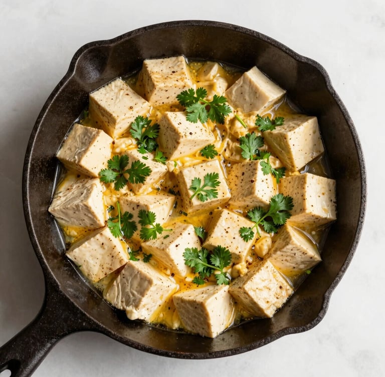 Top-down view of spiced tofu scramble in a cast iron skillet, fresh coriander garnish, warm morning daylight, 50mm lens