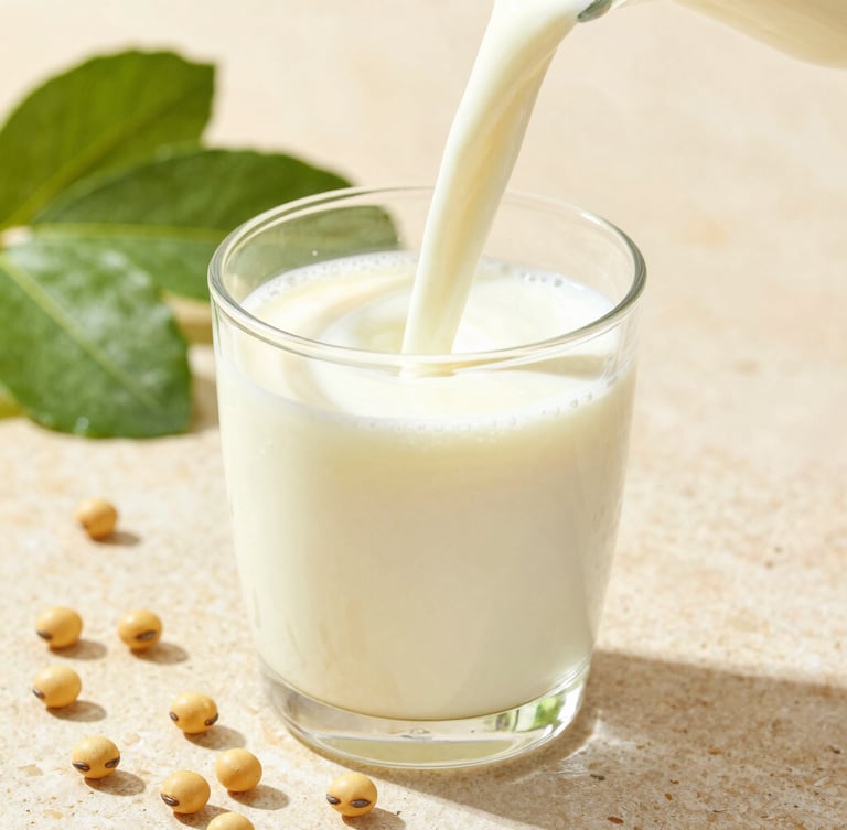 A crisp eye-level shot of fresh creamy soy milk pouring into a glass, surrounded by raw soybeans on a warm stone surface, natural morning daylight, soft shadows