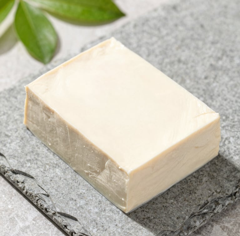 Top-down clean food photography of fresh white tofu blocks on a textured grey stone slab, natural morning daylight, soft green leaf shadows, 50mm lens