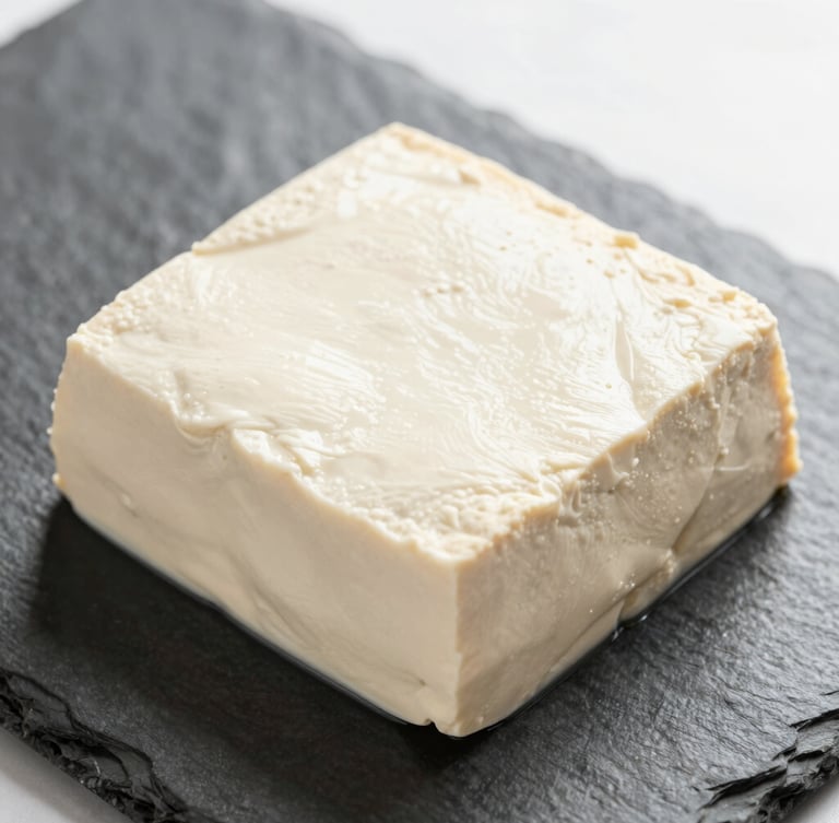 Close-up of a fresh, firm block of tofu resting on a dark textured stone plate, natural morning daylight, soft shadows, minimalist editorial food photography