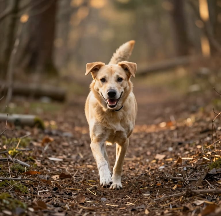 Eye-level photo of an active dog happily trotting on a forest trail, soft natural golden-hour daylight, shallow depth of field, warm earthy tones.