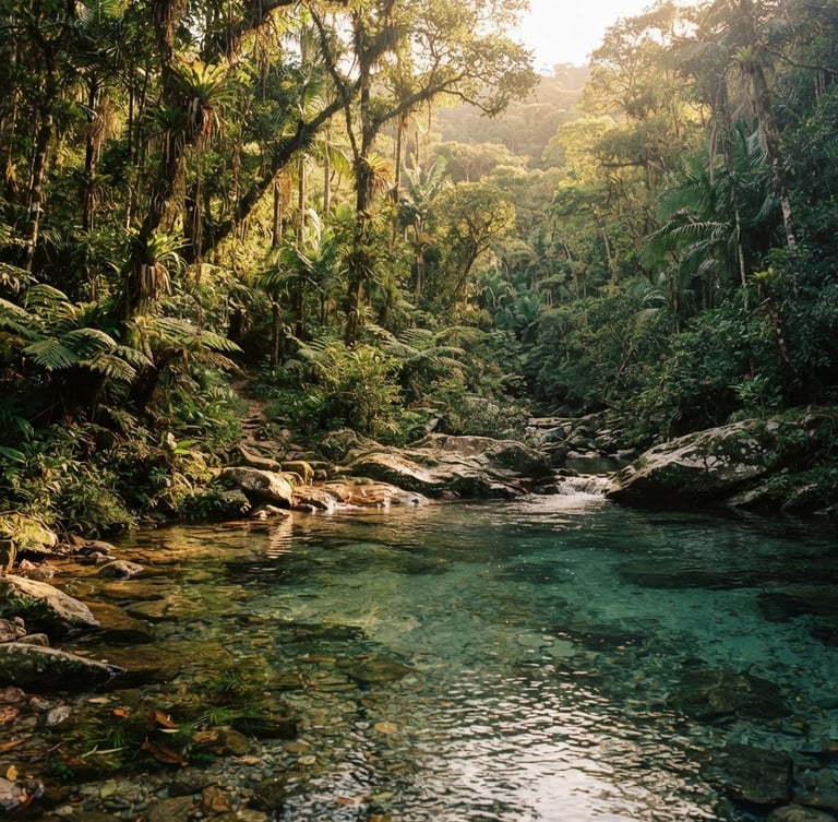 Dappled sunlight filtering through dense green canopy of the Brazilian Atlantic forest, a crystal-clear river pool in the foreground, 35mm film aesthetic, warm editorial travel photography.