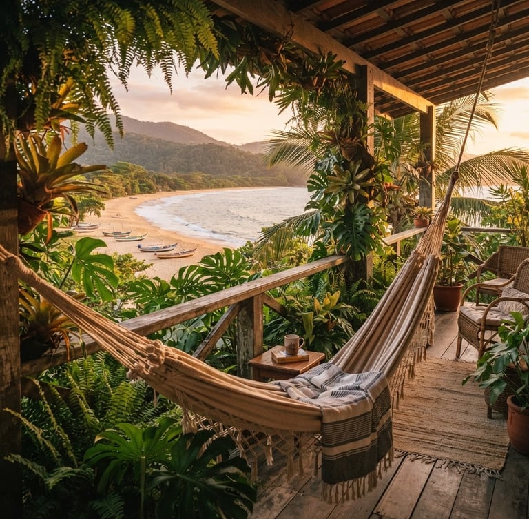 Warm golden-hour editorial travel photography of a cozy pousada balcony with a hammock, lush green tropical plants framing the view of Praia de Muriqui beach and the calm ocean, 35mm film aesthetic.
