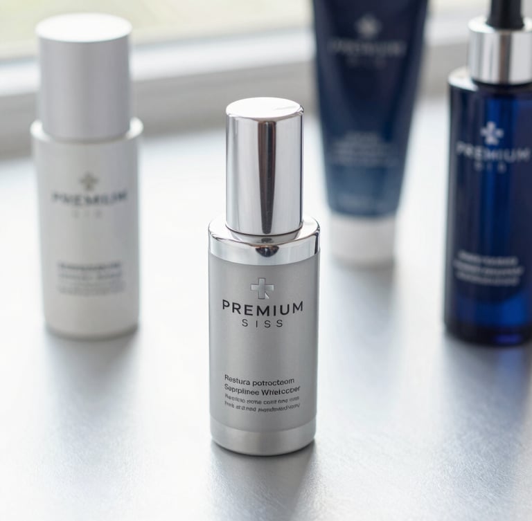 Premium Swiss skincare bottles on a clean silver surface, soft natural light, professional editorial composition