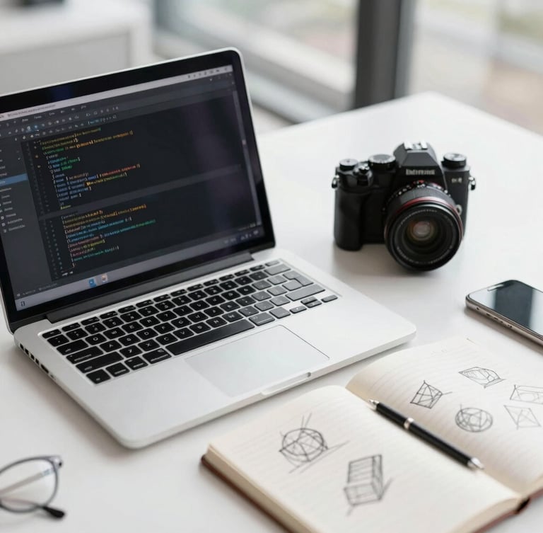A clean, modern desk setup with a laptop displaying code, a high-end camera, and a notebook with wireframe sketches, bright natural daylight, cool tones, 35mm