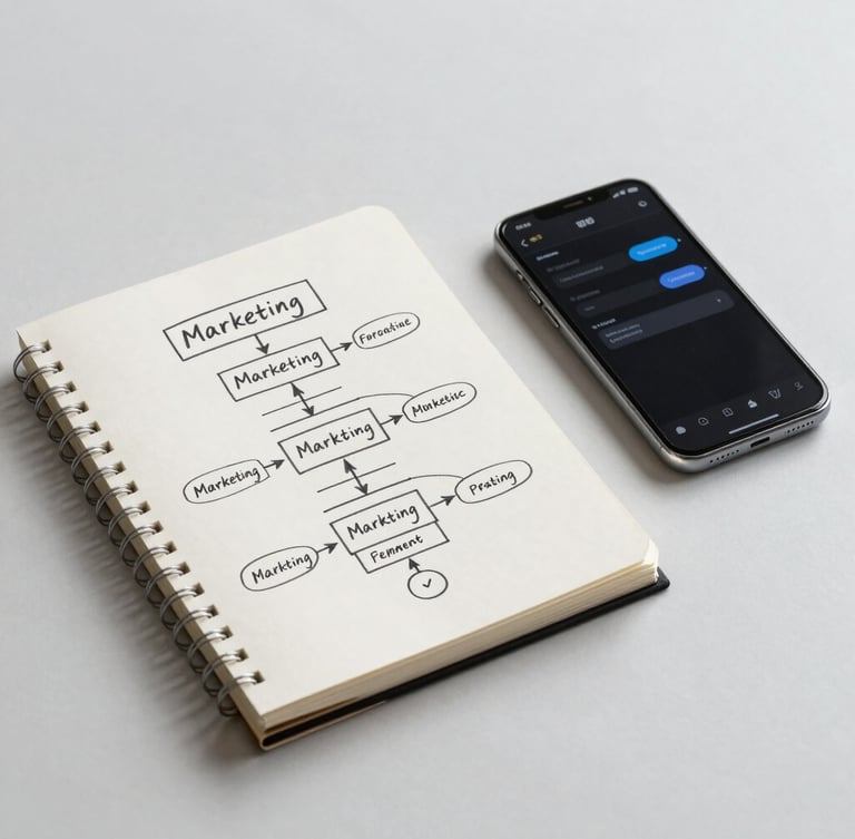 Minimalist workspace with a notebook showing hand-drawn flowcharts of marketing funnels, adjacent to a smartphone with active notifications, clean studio lighting.