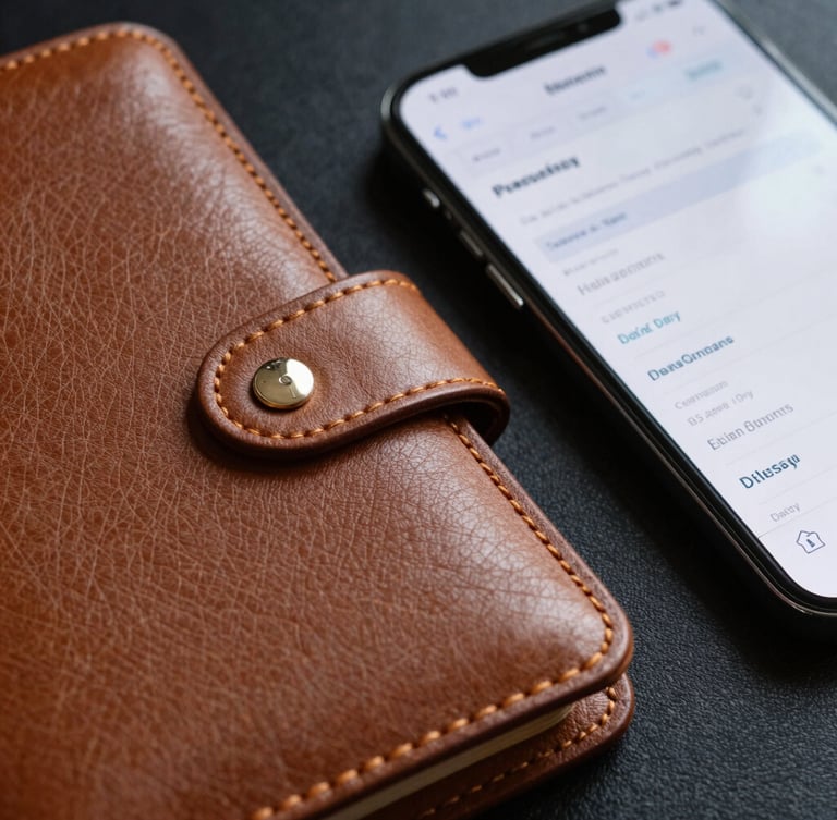 Macro shot of a high-quality leather physical planner next to a modern smartphone showing clean conversion analytics, dramatic side-lighting, rich textures.