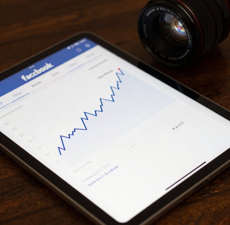 Tight macro shot of a tablet displaying live Facebook Ads analytics with positive trend lines, natural side-lighting, dark wood desk background.