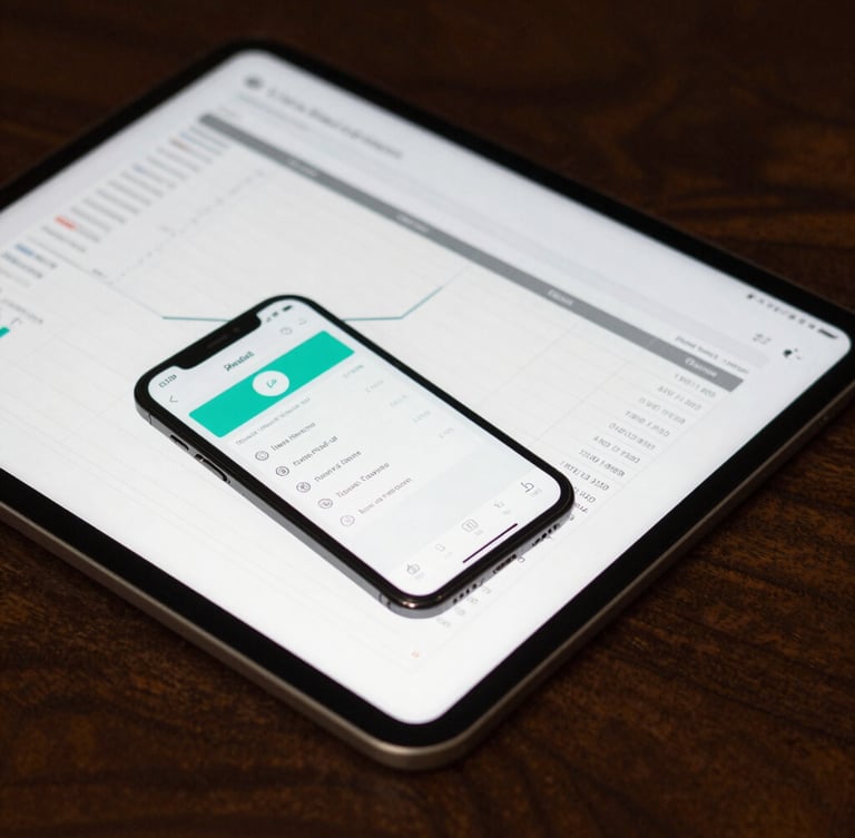 Tight macro shot of an iPad displaying a clean financial spreadsheet and an iPhone showing an ad manager dashboard on a dark walnut desk, sharp side lighting, deep shadows