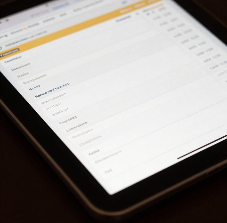 Tight macro shot of a tablet displaying a clean, high-contrast financial spreadsheet with gold accents, natural side-lighting, dark controlled shadows.