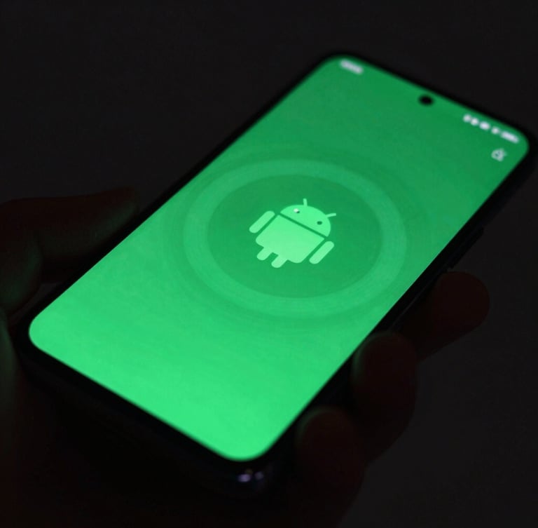 Sleek dark-mode technology photography, macro close-up of a hand holding an Android phone showing a fluid, glowing green user interface, shallow depth of field, 35mm