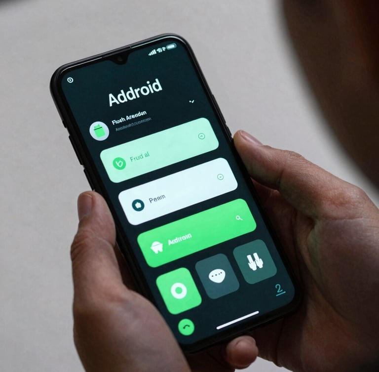 Sleek dark-mode technology photography, over-the-shoulder view of a developer testing a fluid UI transition on an Android device, neon green ambient screen glow, 35mm