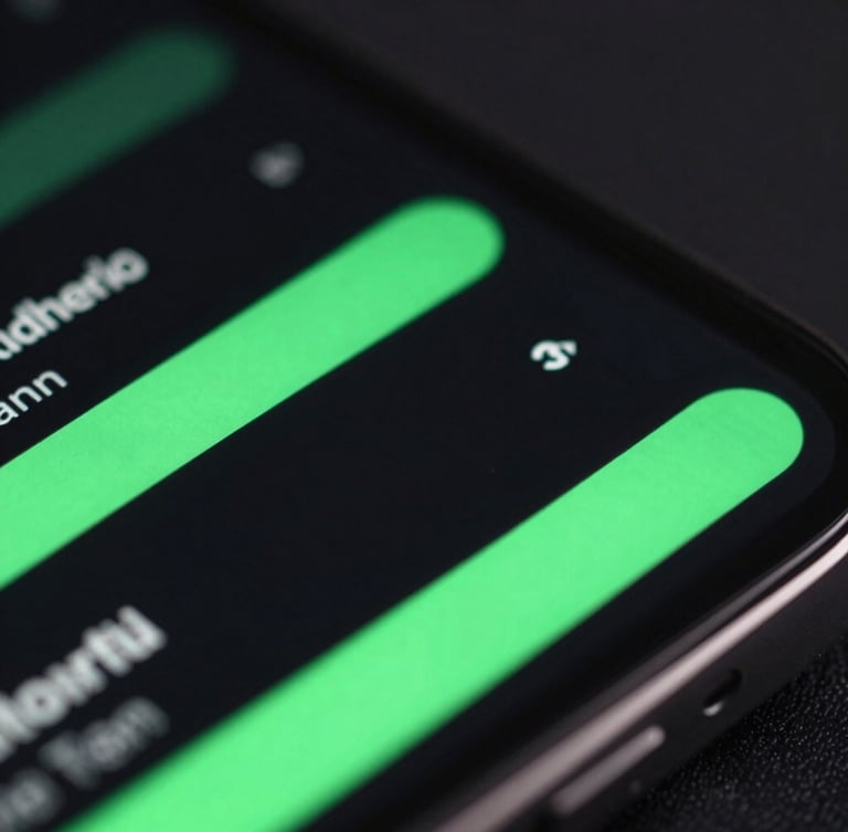 Sleek dark-mode technology photography, macro device close-up showing fluid Android UI transitions, neon green ambient screen glow, shallow depth of field, 35mm