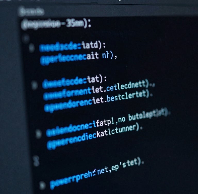 Macro close-up of clean IDE code screen with dark background and sharp electric blue syntax highlighting, focused developers workspace, 35mm