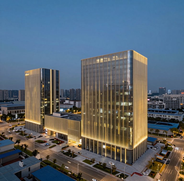 High-angle panoramic architectural view of a modern civic infrastructure project at blue hour, sharp gold lighting accents, minimalist framing.