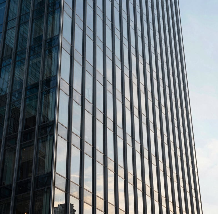 Crisp, vertical perspective of a modern glass and steel skyscraper facade reflecting a clear morning sky, emphasizing structural precision and scale.