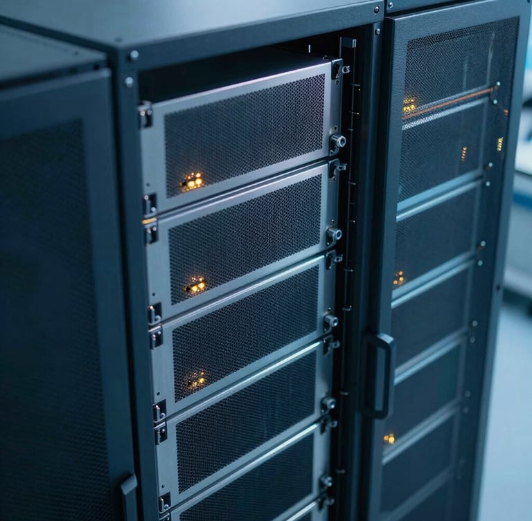 High-angle environmental view of a clean-room server environment with cool blue light reflecting off sleek metallic server racks and warm gold indicator lights.