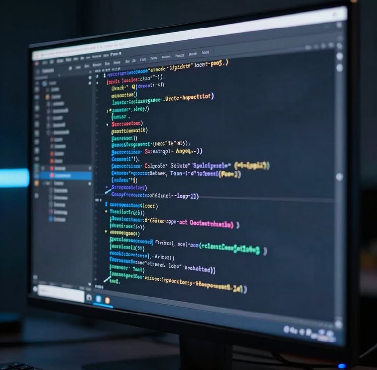 Sleek dark-mode technology photography, macro close-up of developer analyzing complex system architecture code on a vertical monitor, cool blue and silver backlights, sharp focus.