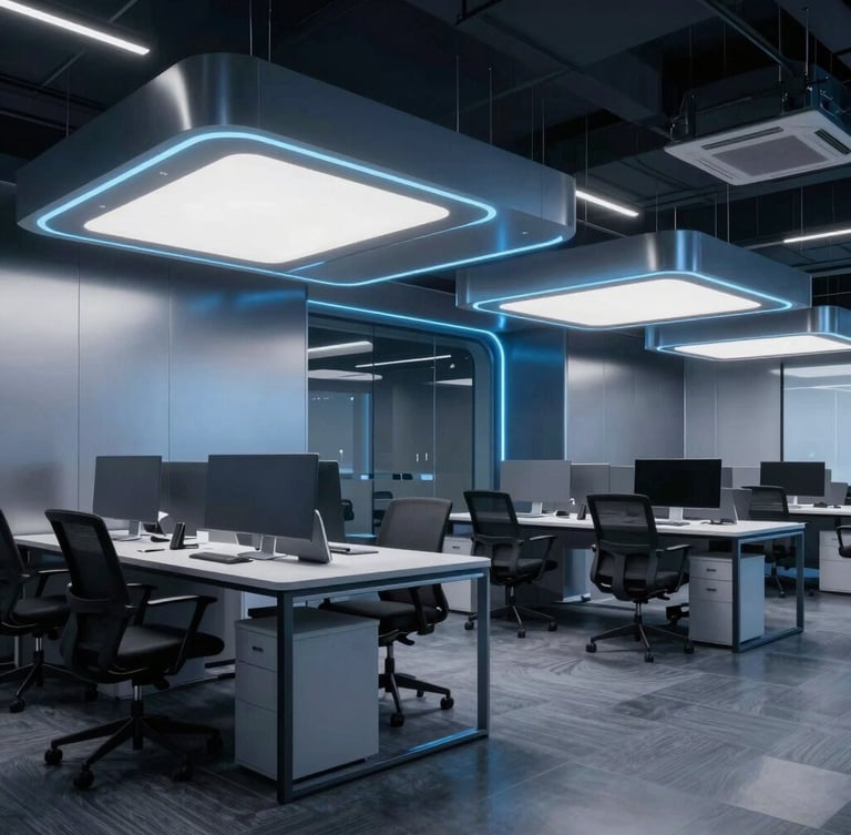 Sleek dark-mode technology photography of a modern Hyderabad tech hub office, cool blue and silver studio lighting, sharp focus