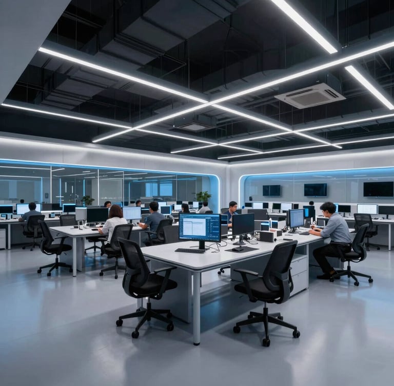 Wide-angle environmental shot of a collaborative modern engineering space in Hyderabad, cool blue and silver studio lighting, clean architectural lines, professional atmosphere.