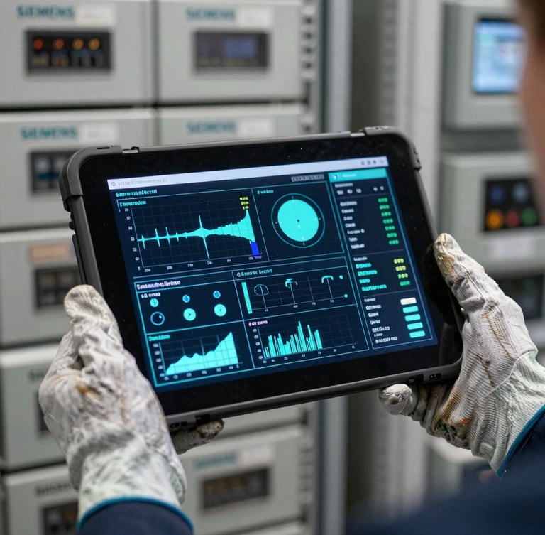 Macro shot of a rugged industrial tablet displaying active cyan telemetry charts and data dashboards, held by an engineer wearing safety gloves, with a softly blurred background of clean Siemens PLC racks.