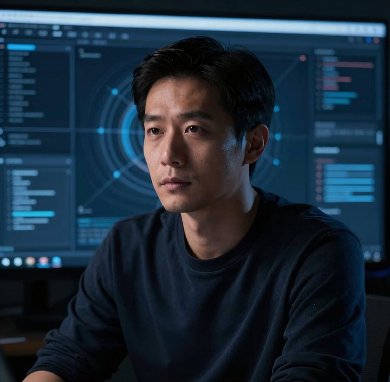 Portrait-oriented, high-end editorial photograph of a professional creator in a focused studio setup, cool low-key lighting, deep blue and obsidian tones, with a subtle digital interface overlay in the background. The creator is looking slightly off-camera, conveying deep thought.