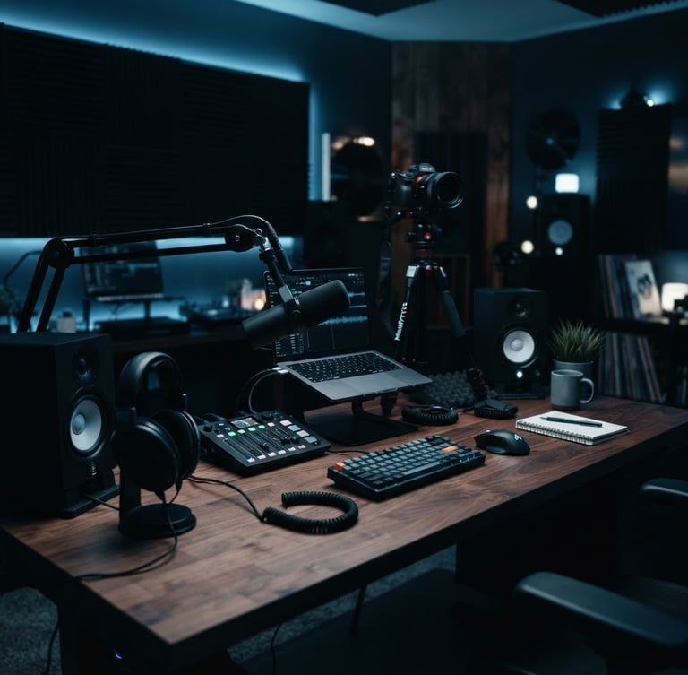 Cinematic wide shot of a professional creator studio, low-key moody lighting with cool blue ambient fills, high-end microphone and camera gear on desk, shallow depth of field
