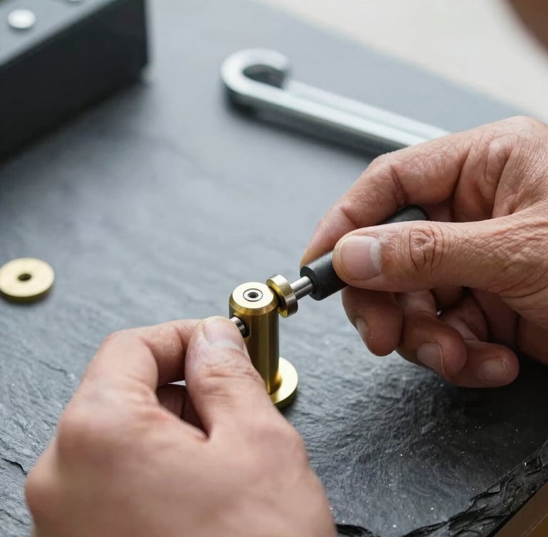 Close-up of a professional locksmith's hands using specialized tension tools on a residential brass lock cylinder, natural overcast daylight, cool slate tones, shallow depth of field, 35mm documentary style