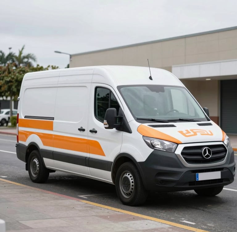 Wide environmental shot of a clean, branded service van parked on a local street under overcast daylight, cool slate tones with safety-amber decals.