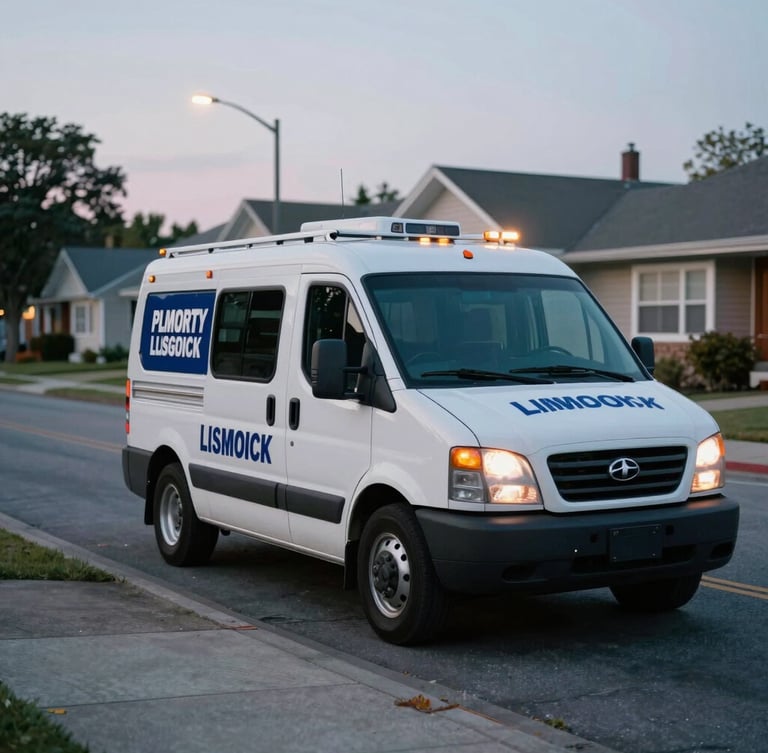 A clean, branded local locksmith service vehicle parked on a quiet North American neighborhood street at dusk under streetlamps, cinematic cool tones with amber headlights, 35mm
