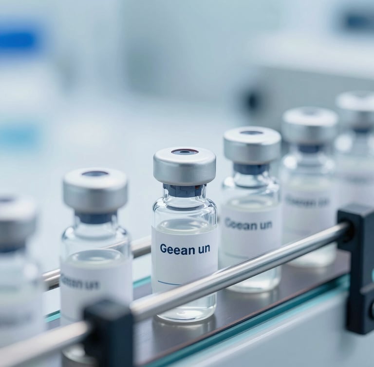 Macro close-up of sterile pharmaceutical vials on a conveyor belt, cleanroom environment, high-key sterile lighting, 35mm lens, cool blue tones.