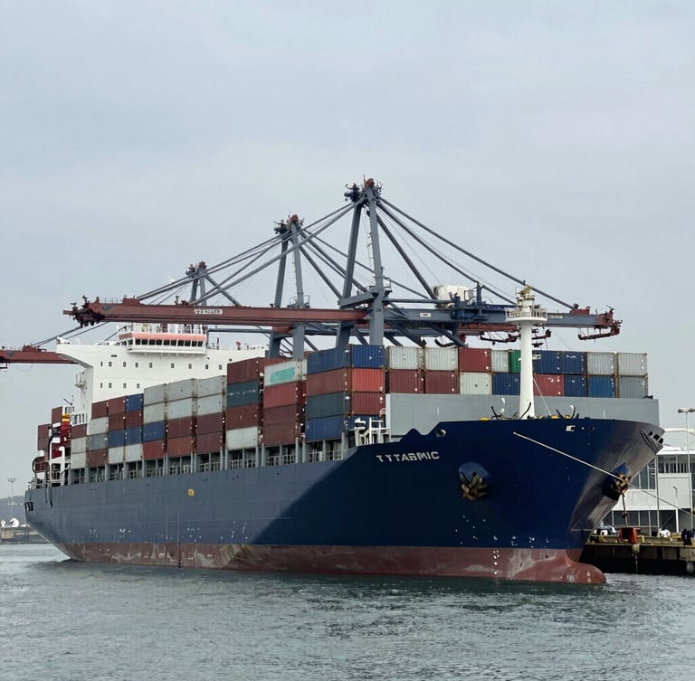 Wide-angle environmental shot of a massive container ship docked at a modern architectural port, cool crisp daylight, steel gray tones