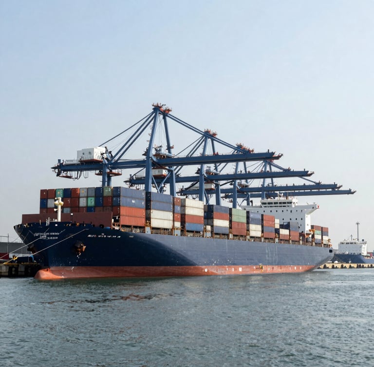 Wide-angle editorial corporate photography of a modern architectural deep-water port, massive container ship docked, cool crisp daylight, deep navy and steel gray tones, 35mm lens.
