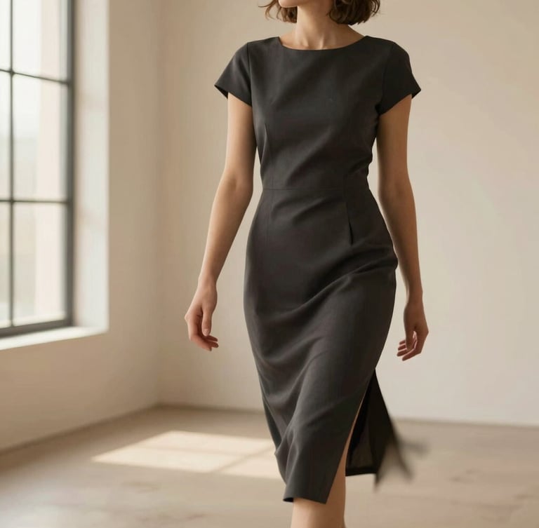 A woman in a structured deep anthracite crepe dress walking through a high-ceilinged modern gallery, soft side lighting, motion blur on the hem, elegant editorial fashion shot