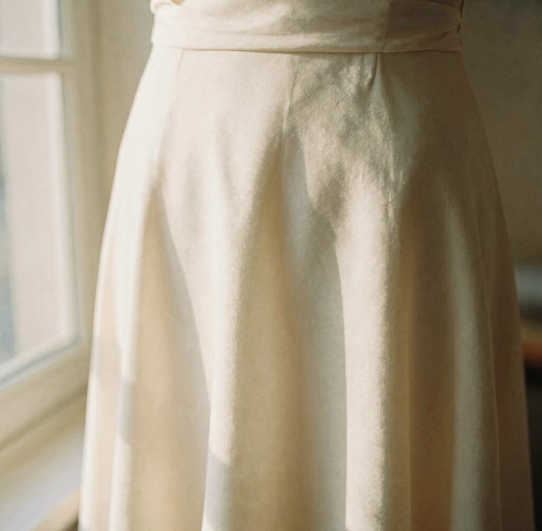 Close-up of a warm ivory silk dress catching soft window sunlight, showing the delicate drape and texture of the fabric, shallow depth of field, 35mm film