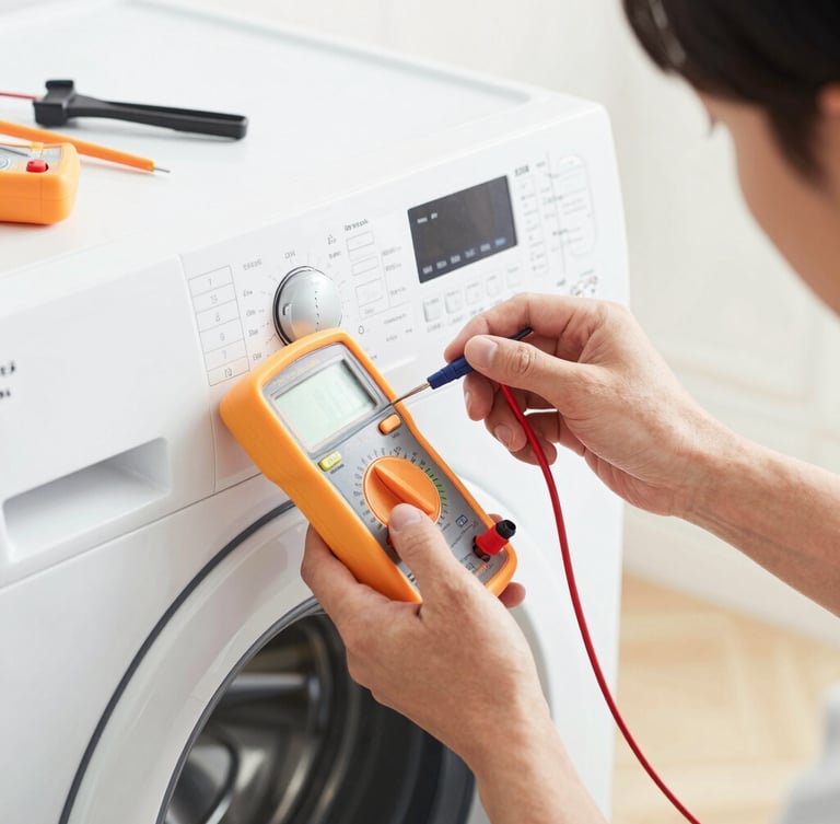 Close-up of a technician's clean hands using a precise digital multimeter to test the electrical panel of a modern front-load washing machine, bright high-key lighting, clean tools organized nearby.