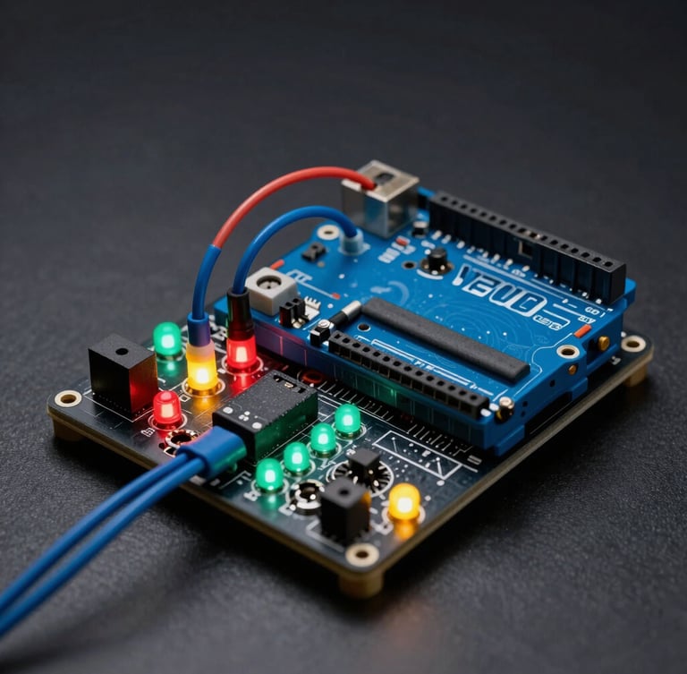 Macro close-up of a dark breadboard wired with glowing red, yellow, and green LEDs, clean blue jumper wires routing to an Arduino microcontroller, high-contrast studio lighting, dark background.
