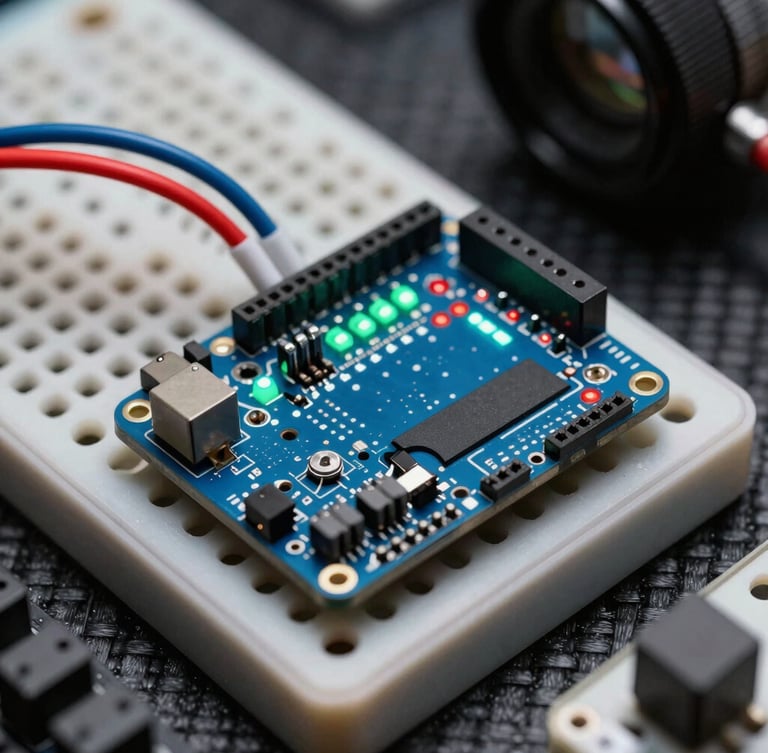 Macro close-up of a dark blue Arduino microcontroller board with glowing green and red LEDs, neat jumper wires routed across a breadboard on a dark carbon surface, high-contrast studio lighting.